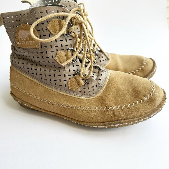 Sorel Joplin Women's Suede Perforated Ankle Boots Lace Up Size 10.5 Tan - Picture 1 of 8